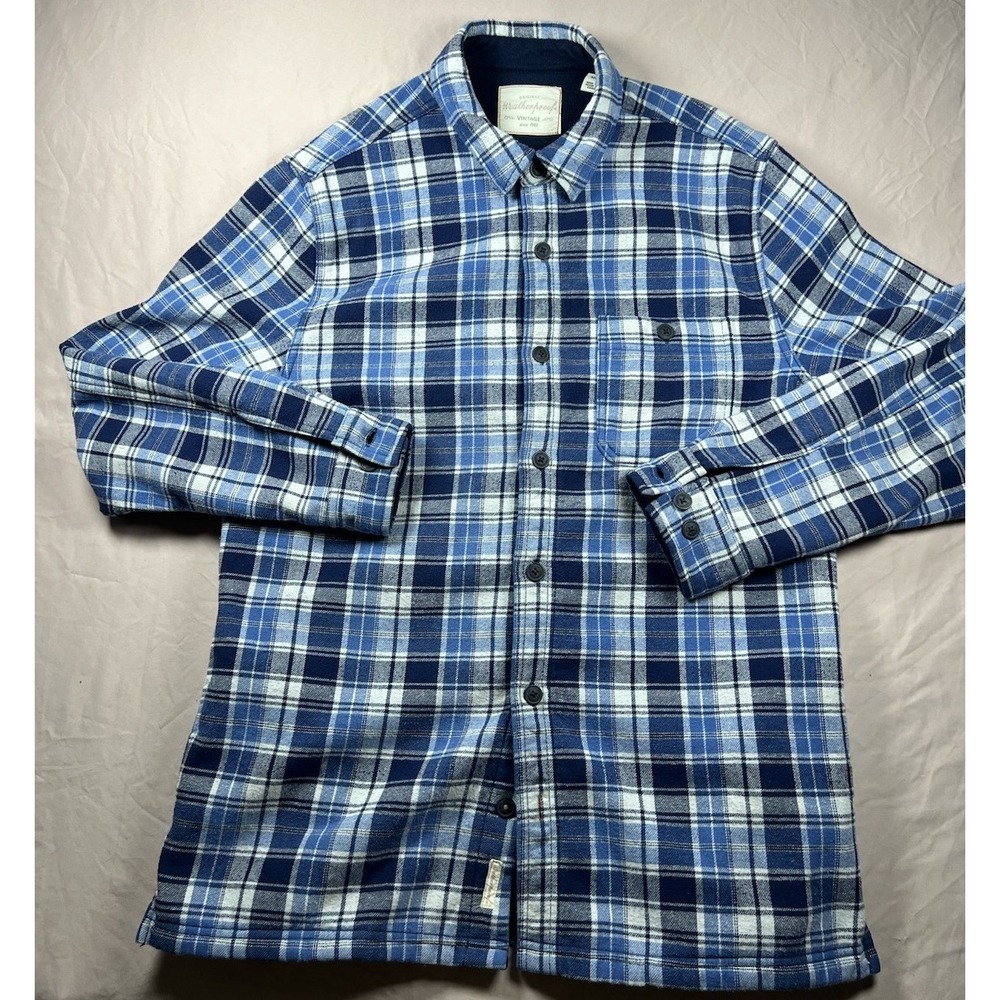 Weatherproof Vintage Mens M Blue Plaid Fleece Lined Flannel Shirt Jacket Shacket